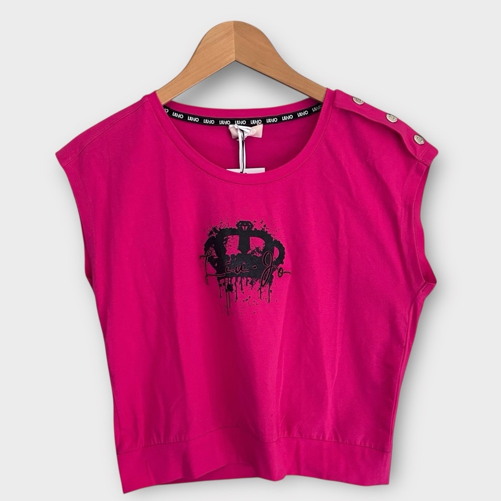 NEW Liu Jo Sz XS Hot Pink Crown Tee Shirt Top Gold Epaulettes Scoopneck